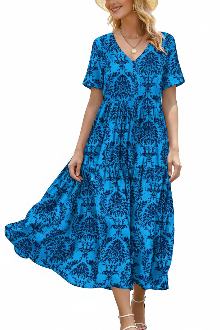 Women's Floral V-Neck Boho Maxi Dress with Pockets