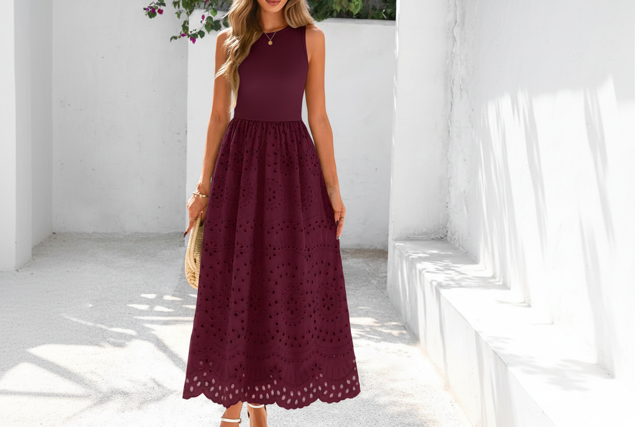 Women's Sleeveless Cotton A-Line Maxi Dress with Pockets