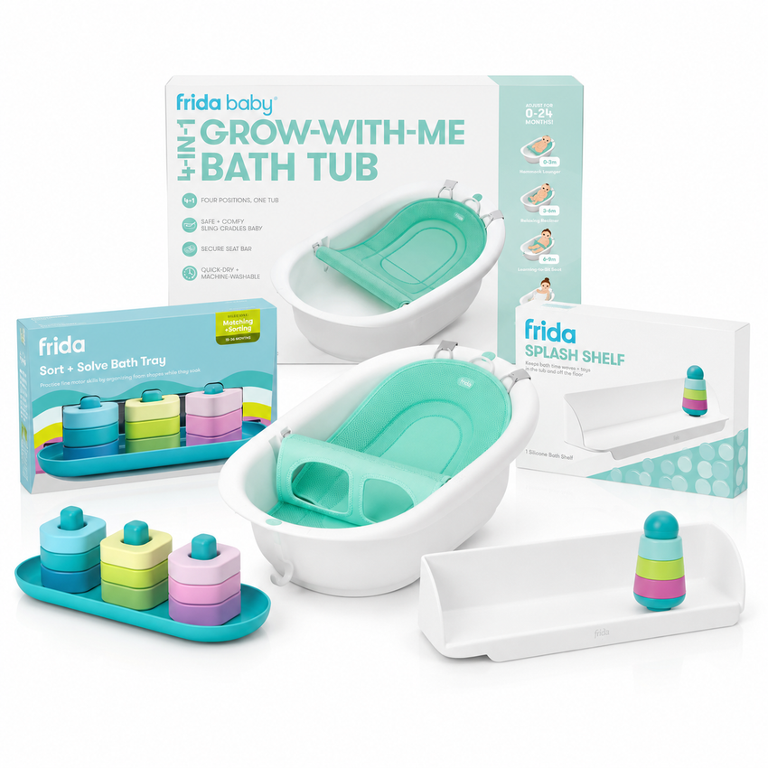 Frida Baby Bath and Play Bundle with 4-in-1 Tub, Splash Shelf and Bath Puzzle