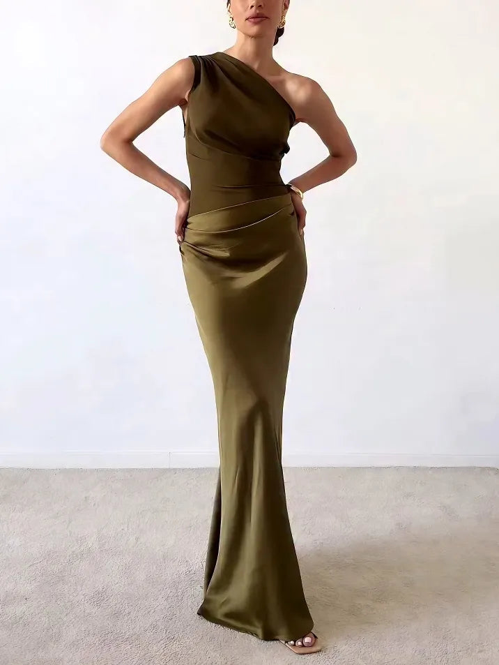 Women's One Shoulder Pleated Party Maxi Dress
