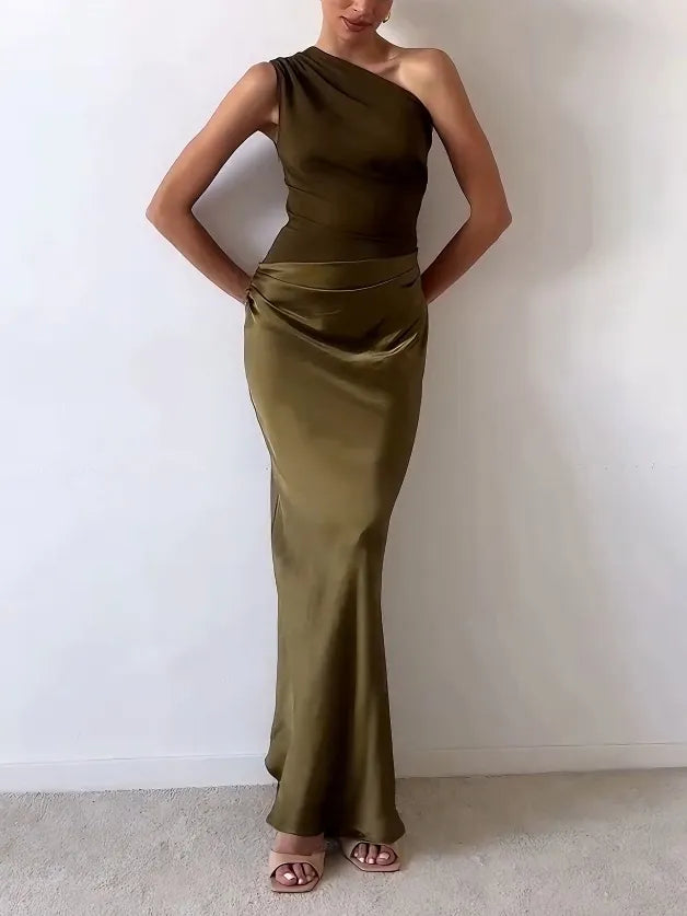 Women's One Shoulder Pleated Party Maxi Dress