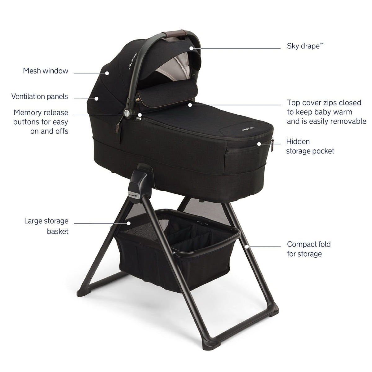 Nuna MIXX Series Bassinet + Stand (Folds with Stroller) - Caviar