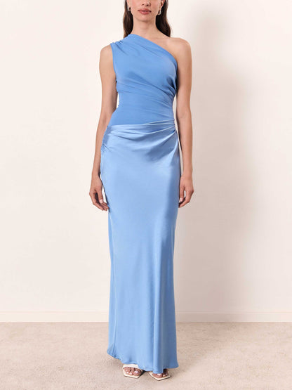 Women's One Shoulder Pleated Party Maxi Dress