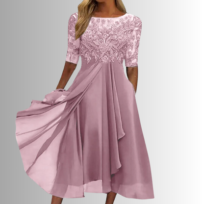 Women's Elegant Lace Midi Dress - Formal Wedding Guest Evening Party Cocktail Dress
