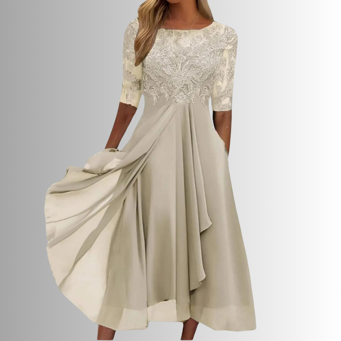 Women's Elegant Lace Midi Dress - Formal Wedding Guest Evening Party Cocktail Dress