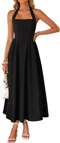 Women's Sleeveless Halter High Waist Flowy Midi Dress