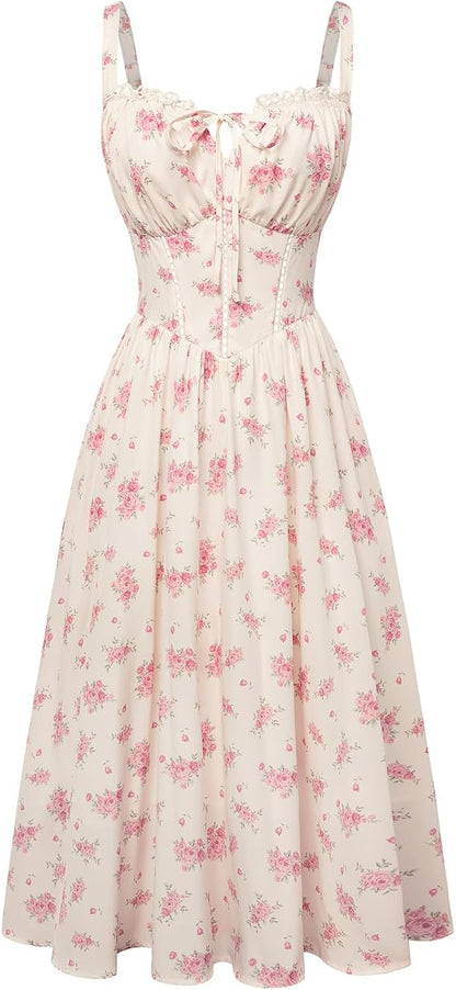 Scarlet Darkness Women 2026 Floral Corset Dress Summer Milkmaid Sundress Wedding Guest Dresses with Pockets