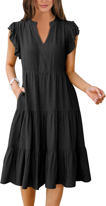 Women's Ruffle Sleeve V-Neck Flowy Midi Dress