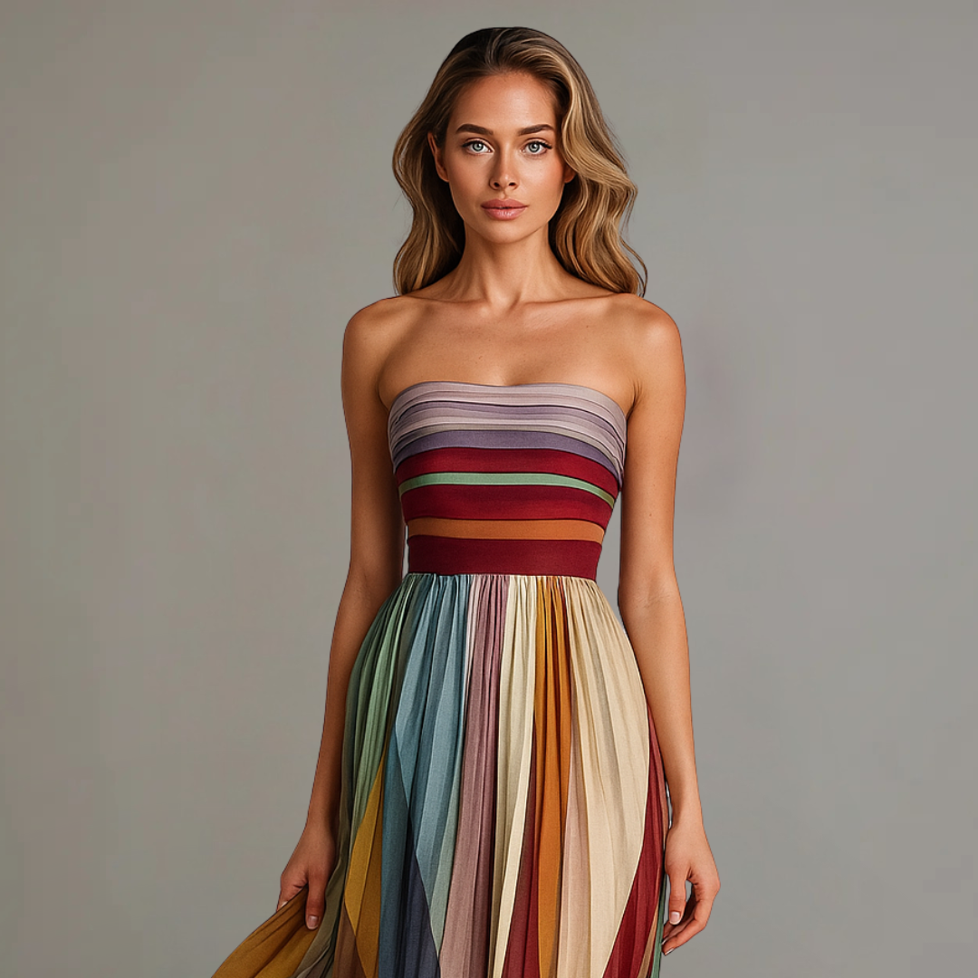 Women's Strapless Pleated Summer Maxi Dress - Colorful Boho Beach Sundress Flowy A-Line