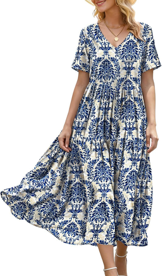Women's Floral V-Neck Boho Maxi Dress with Pockets