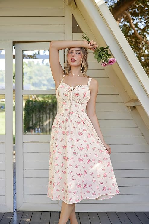 Scarlet Darkness Women 2026 Floral Corset Dress Summer Milkmaid Sundress Wedding Guest Dresses with Pockets