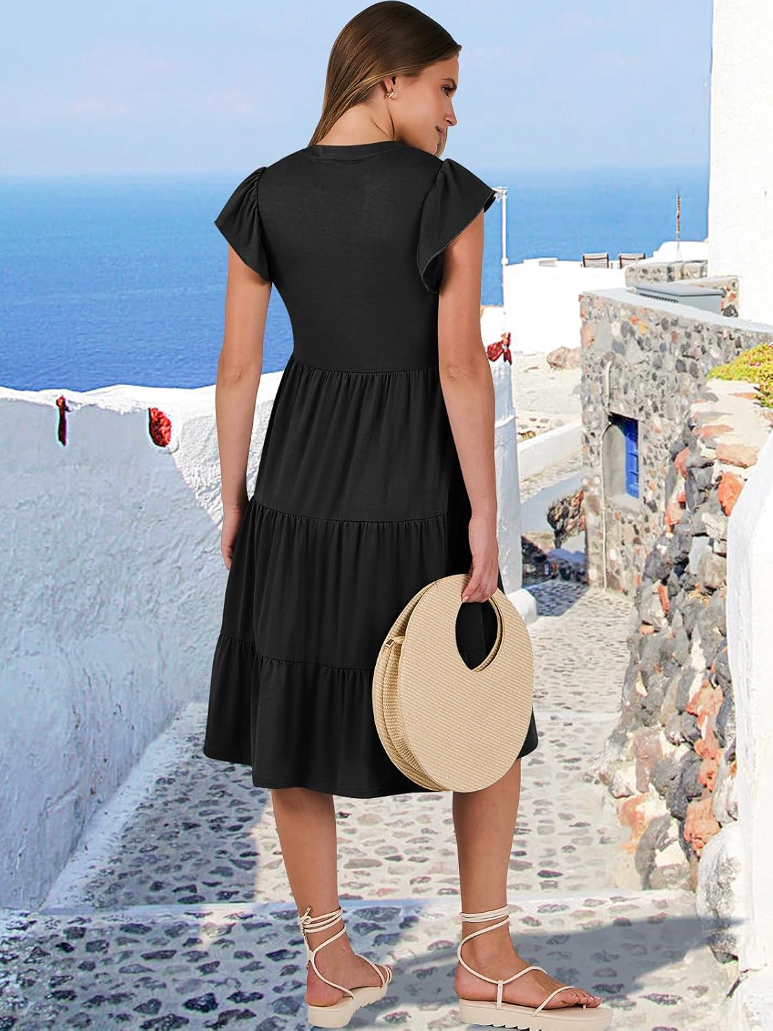 Women's Ruffle Sleeve V-Neck Flowy Midi Dress