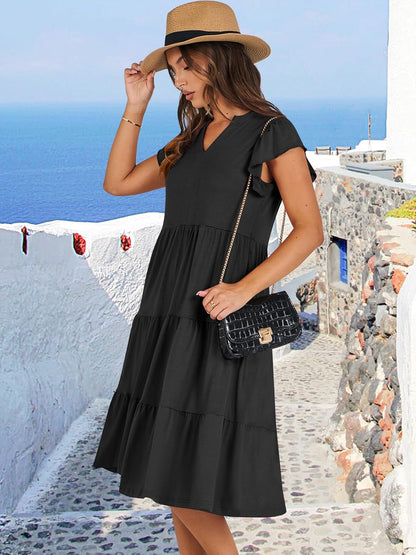 Women's Ruffle Sleeve V-Neck Flowy Midi Dress