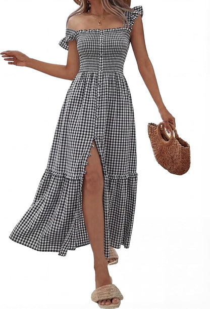 Women's Square Neck Smocked Midi Dress with Pockets
