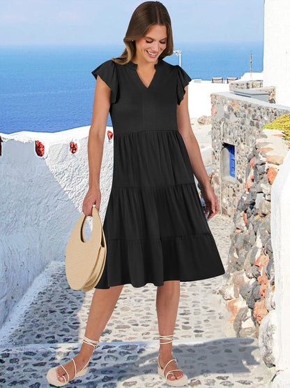 Women's Ruffle Sleeve V-Neck Flowy Midi Dress
