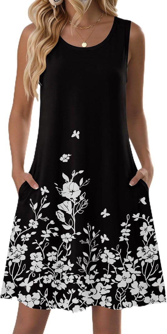 Women's Sleeveless Floral Tank Sundress with Pockets