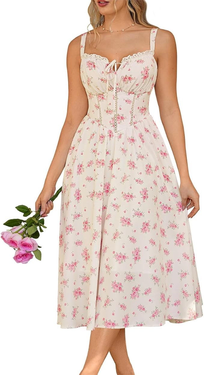 Scarlet Darkness Women 2026 Floral Corset Dress Summer Milkmaid Sundress Wedding Guest Dresses with Pockets