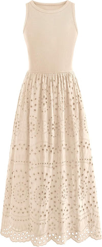 Women's Sleeveless Cotton A-Line Maxi Dress with Pockets
