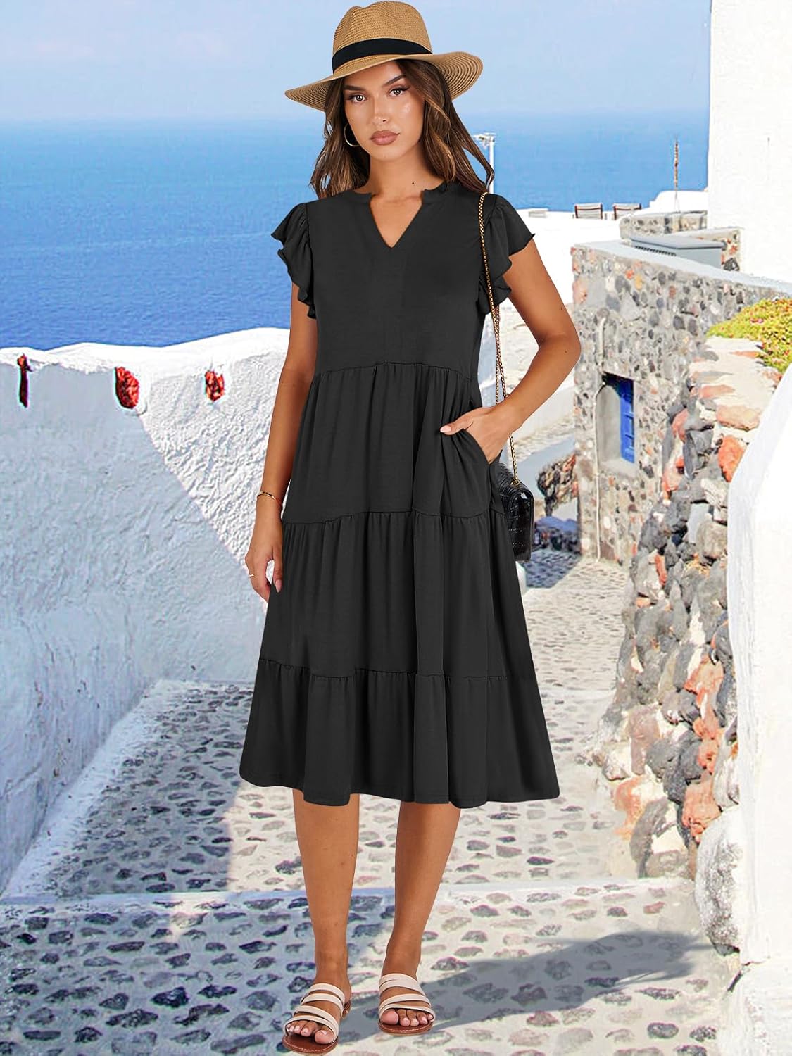 Women's Ruffle Sleeve V-Neck Flowy Midi Dress