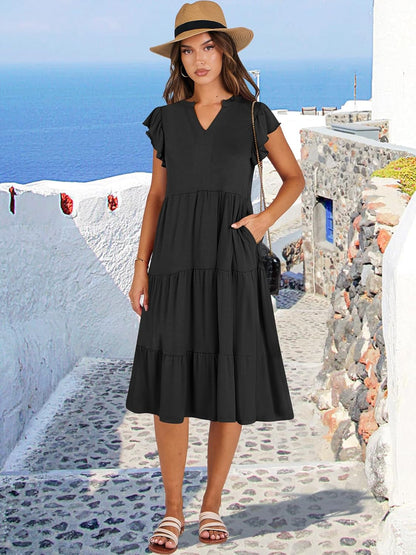 Women's Ruffle Sleeve V-Neck Flowy Midi Dress
