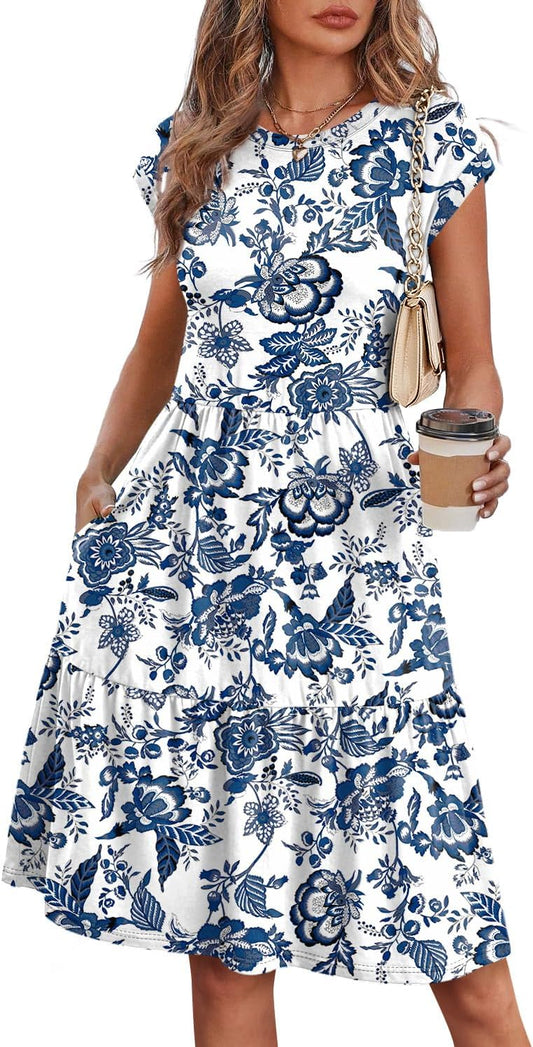 Women's Floral Tiered Cap Sleeve Swing Dress