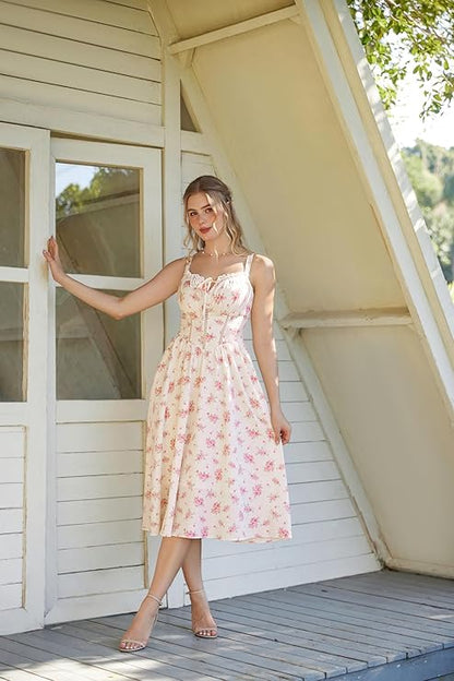 Scarlet Darkness Women 2026 Floral Corset Dress Summer Milkmaid Sundress Wedding Guest Dresses with Pockets