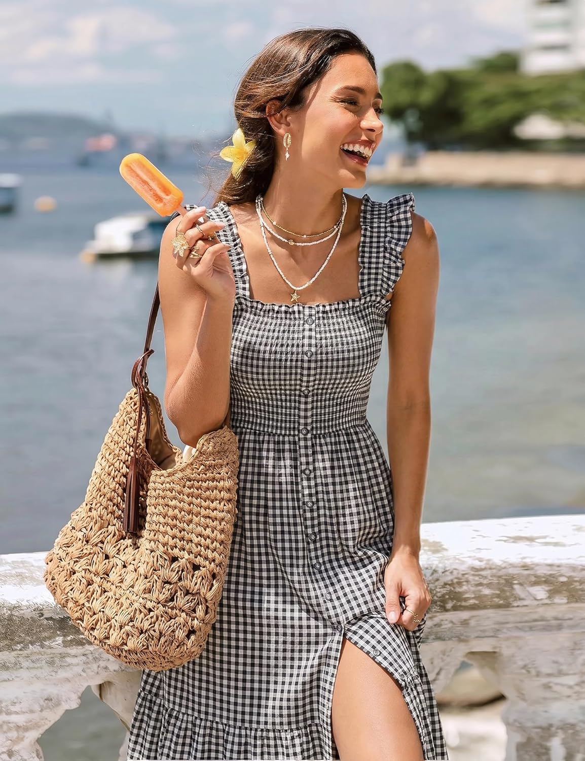 Women's Square Neck Smocked Midi Dress with Pockets
