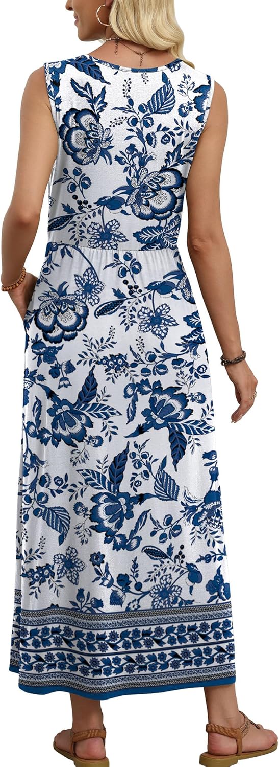 Women's Sleeveless Flowy A-Line Maxi Dress with Pockets