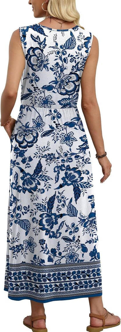 Women's Sleeveless Flowy A-Line Maxi Dress with Pockets