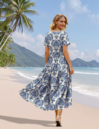 Women's Floral V-Neck Boho Maxi Dress with Pockets