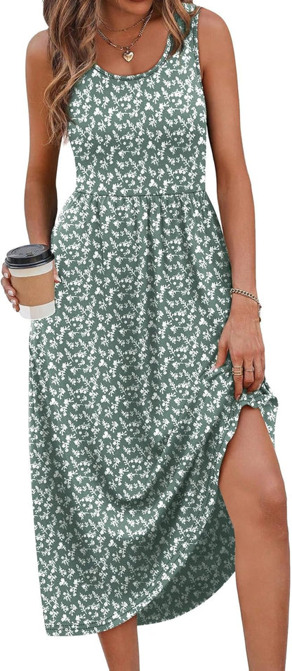 Women's Flowy Casual Midi Dress with Pockets
