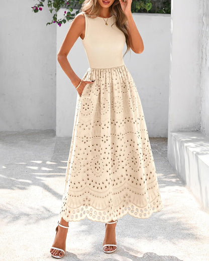 Women's Sleeveless Cotton A-Line Maxi Dress with Pockets