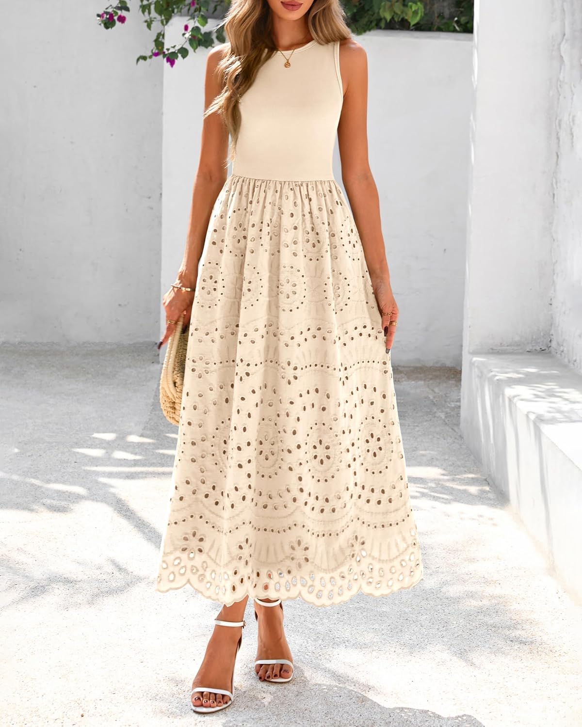 Women's Sleeveless Cotton A-Line Maxi Dress with Pockets