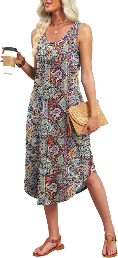 Women's Button Front Sleeveless Midi Dress with Pockets