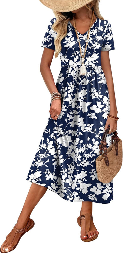 Women's Flowy A-Line Midi Sundress with Pockets