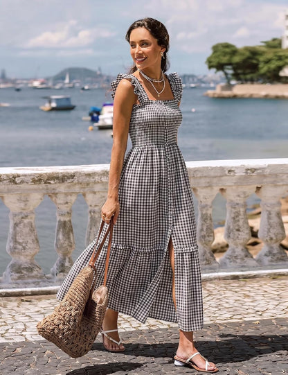 Women's Square Neck Smocked Midi Dress with Pockets