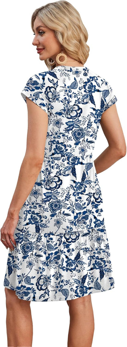 Women's Floral Tiered Cap Sleeve Swing Dress
