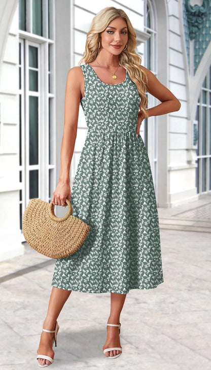 Women's Flowy Casual Midi Dress with Pockets