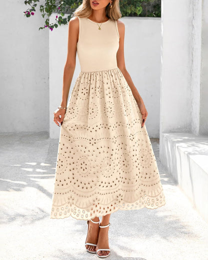 Women's Sleeveless Cotton A-Line Maxi Dress with Pockets