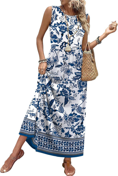 Women's Sleeveless Flowy A-Line Maxi Dress with Pockets