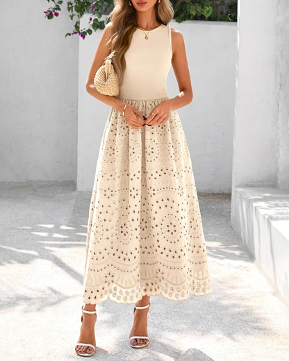 Women's Sleeveless Cotton A-Line Maxi Dress with Pockets