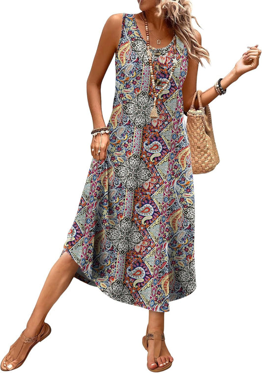 Women's Button Front Sleeveless Midi Dress with Pockets