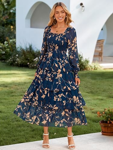 Simplee Women's Floral Boho Long Sleeve Maxi Dress V Neck Empire Waist Swing Flowy Wedding Guest Dress