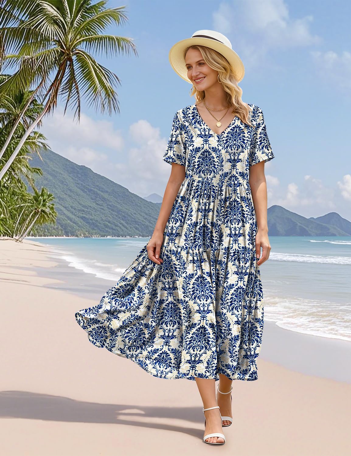 Women's Floral V-Neck Boho Maxi Dress with Pockets