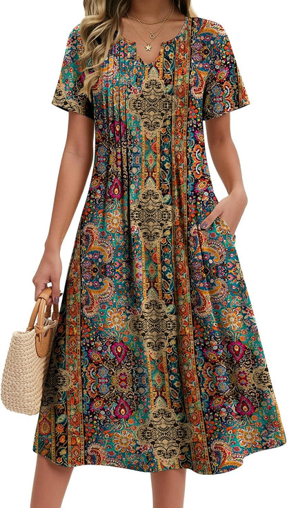 Women's Short Sleeve A-Line Midi Dress with Pockets