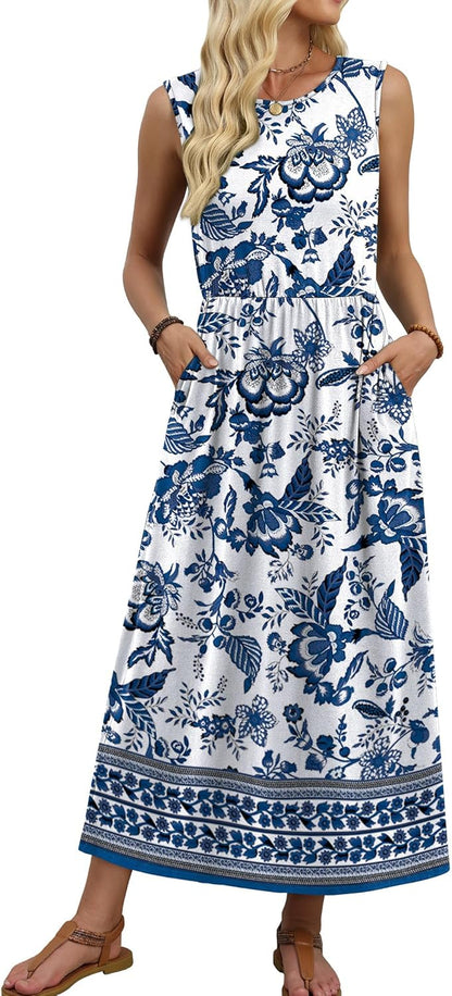Women's Sleeveless Flowy A-Line Maxi Dress with Pockets