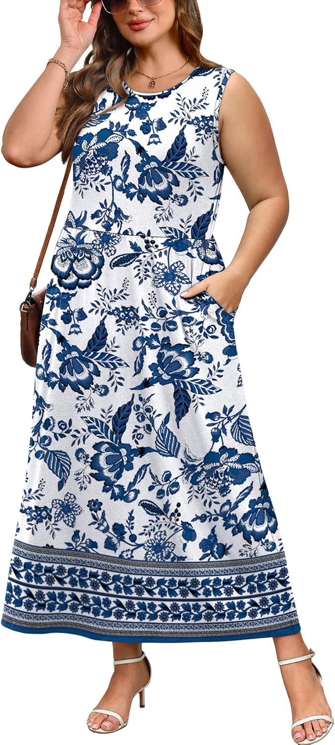 Women's Sleeveless Flowy A-Line Maxi Dress with Pockets