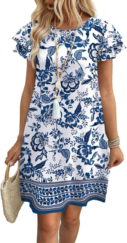 Women's Ruffle Sleeve Swing Sundress with Pockets