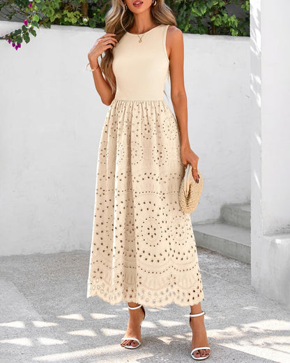 Women's Sleeveless Cotton A-Line Maxi Dress with Pockets