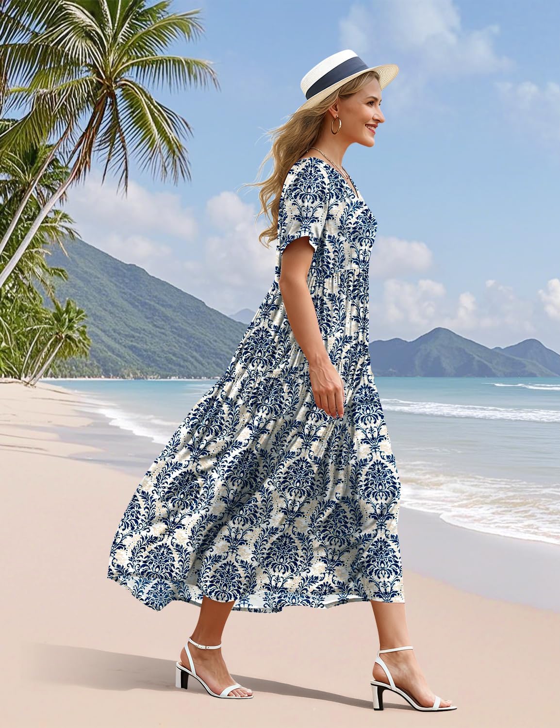 Women's Floral V-Neck Boho Maxi Dress with Pockets